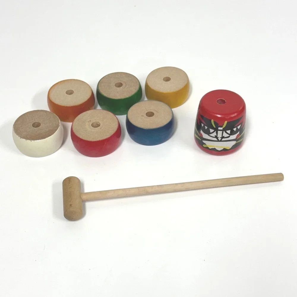 Vintage Japanese Daruma Otoshi Wooden Stacking Game Traditional Folk Toy Mallet